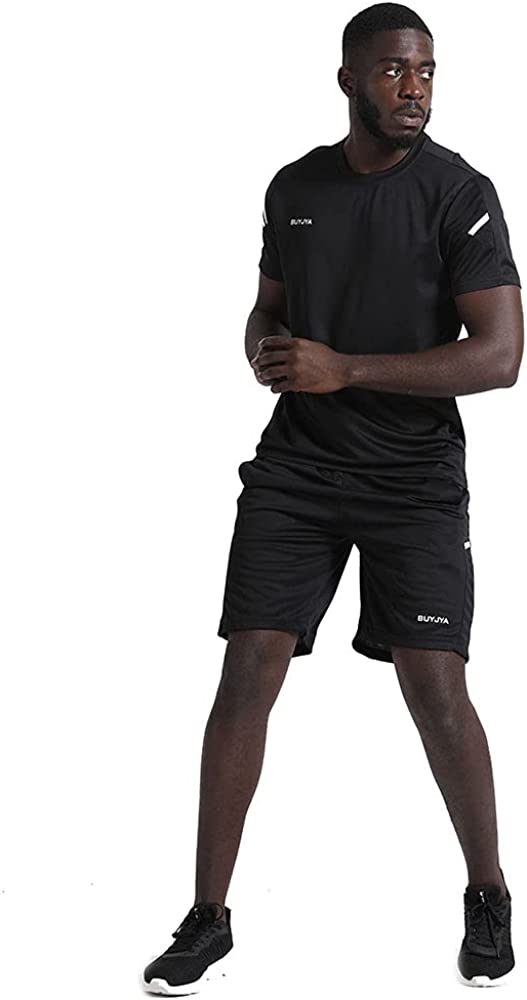 BUYJYA Men's Workout Clothes Athletic Shorts Shirt Set 3 Pack for Basketball Football Exercise Training Running Gym - Image 1